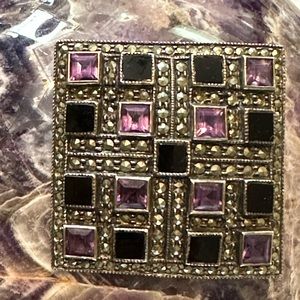 Judith Jack Sterling Silver Marcasite, Black Onyx and Amethyst Brooch